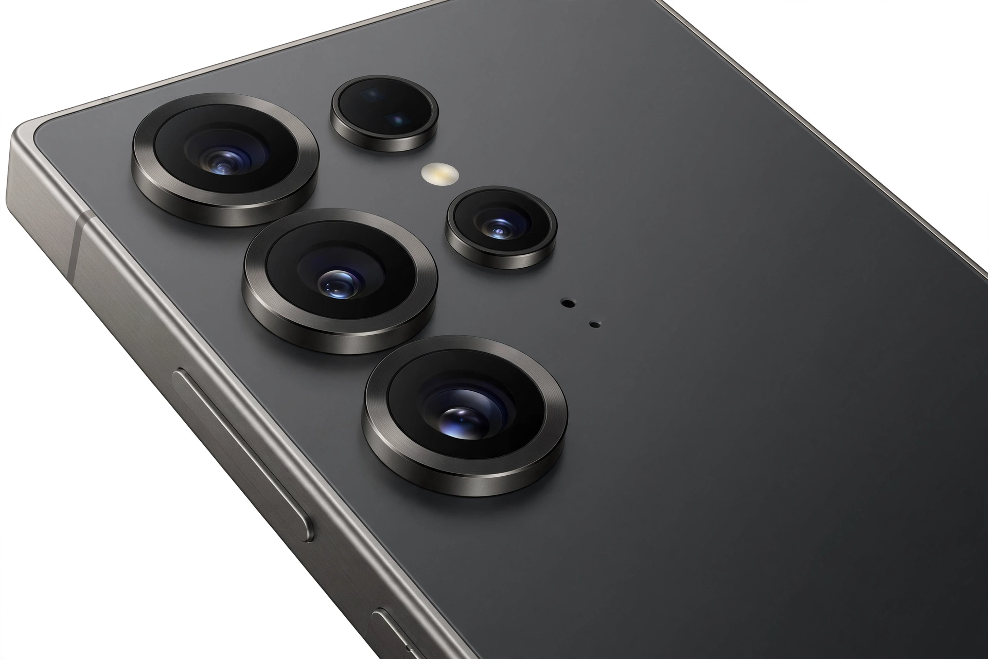 Close-up of Samsung Galaxy S25 Ultra design showing titanium frame and 200MP quad camera lenses with metal rings