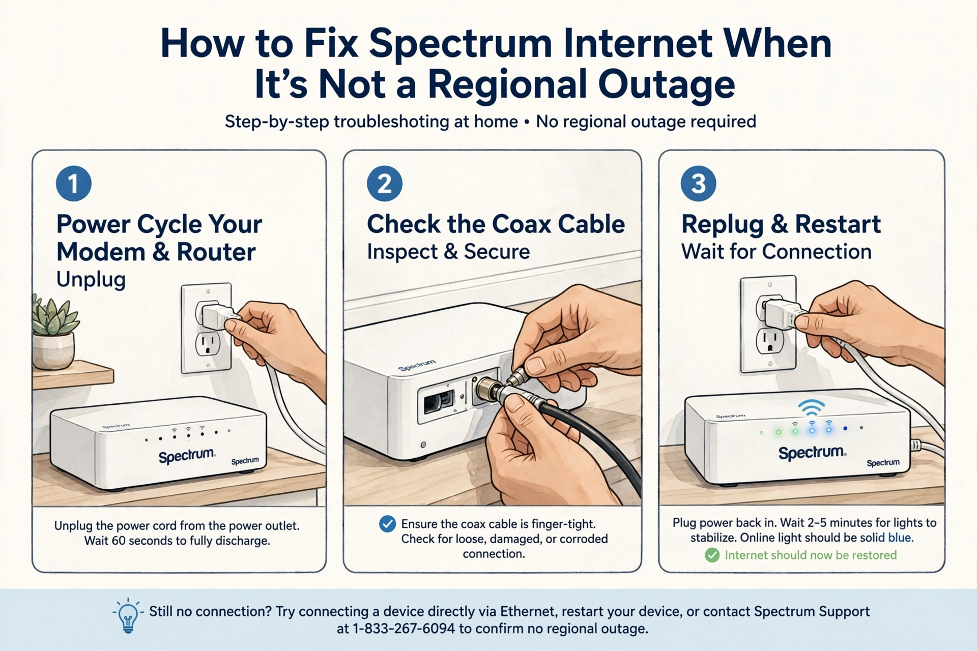 Step-by-step illustration showing how to fix Spectrum internet when it's not a regional outage - unplugging modem and router power cord, checking and securing coax cable connection, and replugging to wait for solid blue online light