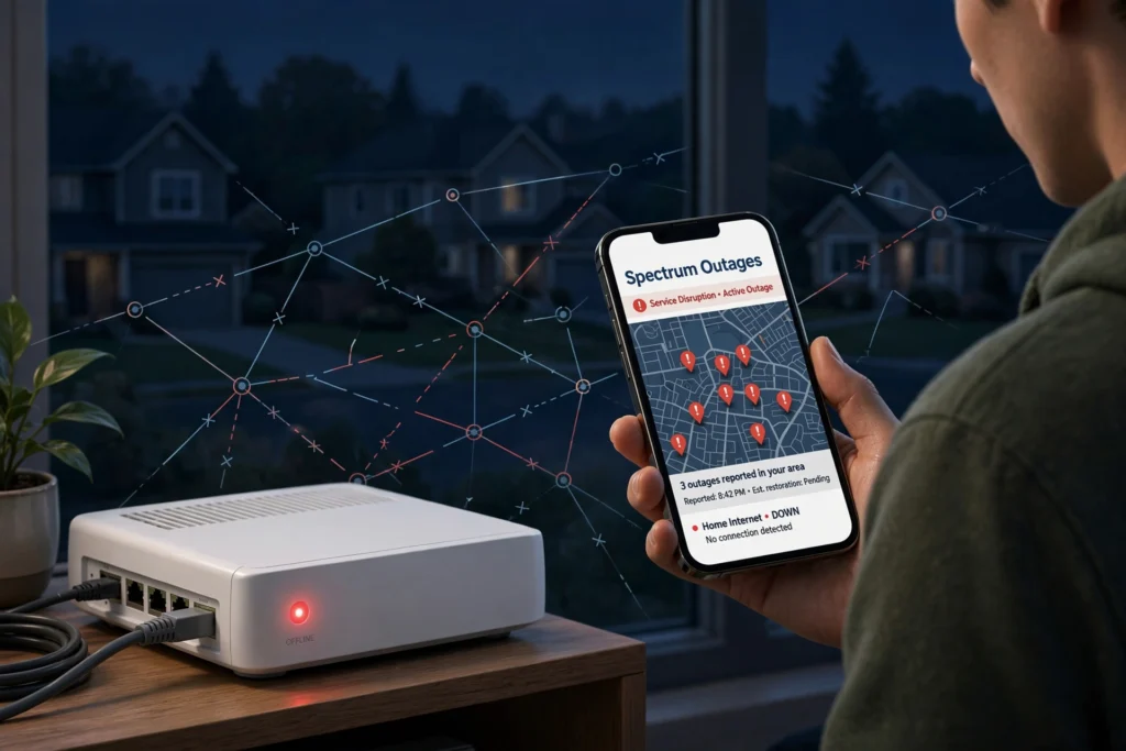 Person checking Spectrum outage map on smartphone showing active service disruption in area while home internet modem shows offline with red light, with neighborhood network connection lines indicating disconnected service at night