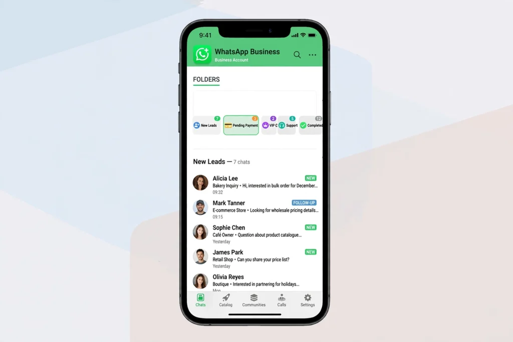 WhatsApp Business Message Folders How to Create and Organize Chats Like Folders WhatsApp Business App showing message folders like New Leads, Pending Payment, VIP, Support and Completed to organize business chats efficiently