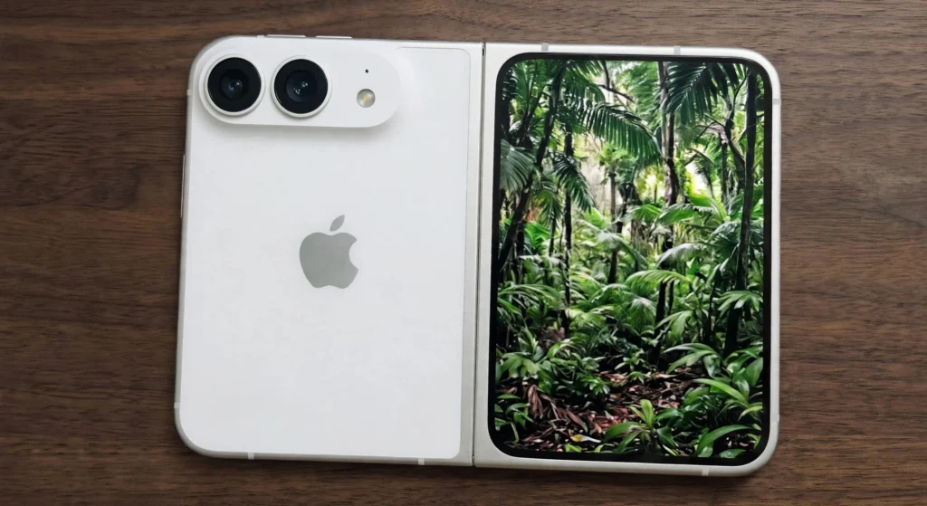 White Apple iPhone Ultra foldable phone showing dual camera and outer display with jungle wallpaper on wooden table - rumored specifications