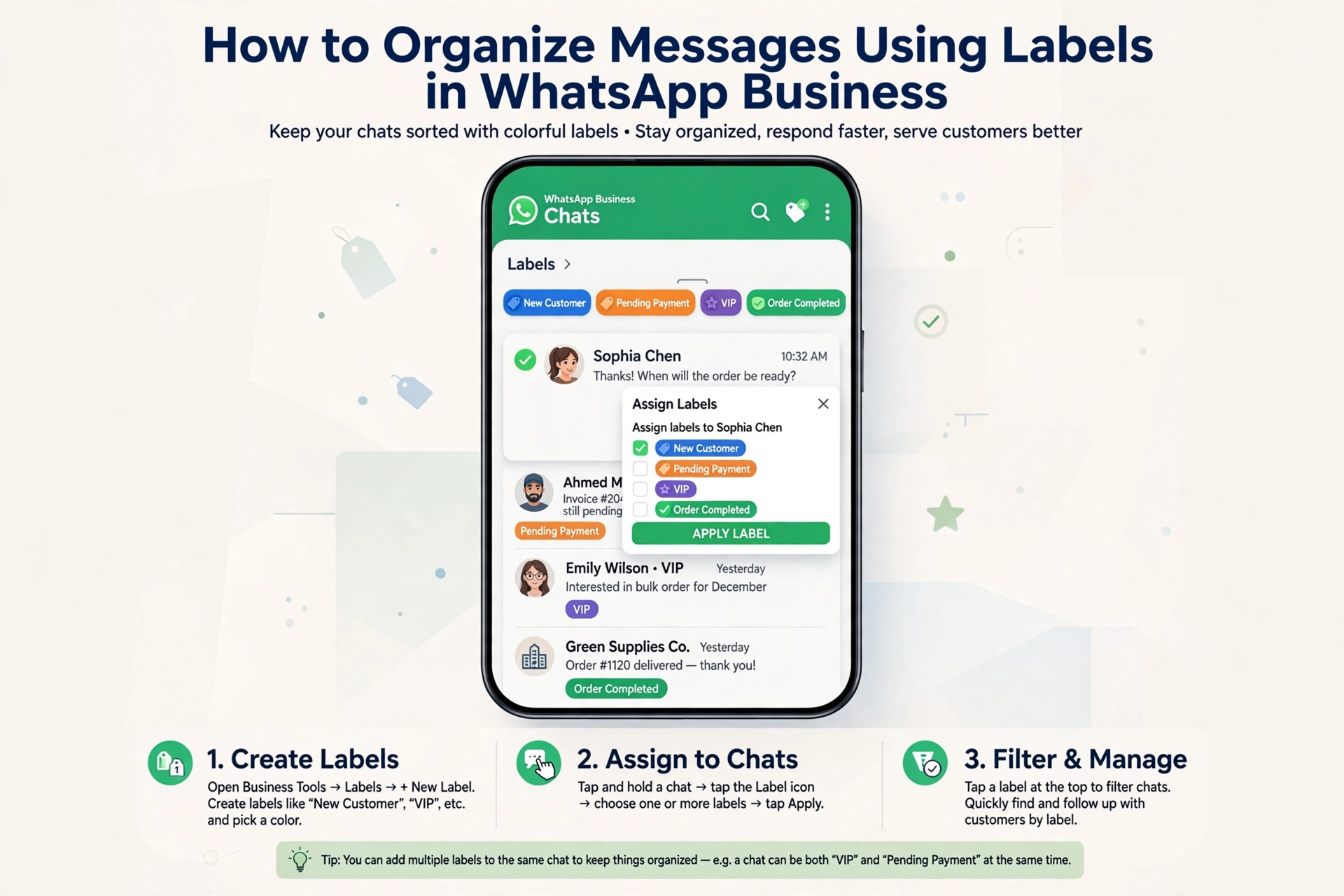 How to organize messages using labels in WhatsApp Business - Create labels, assign to chats, and filter by New Customer, Pending Payment, VIP and Order Completed