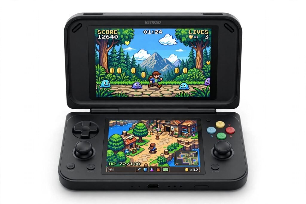 Retroid Pocket Duo Everything We Know About the Dual OLED Handheld Retroid Pocket Duo by Retroid Interactive - first true dual-screen handheld with dual 120Hz OLED and D-pad top configuration