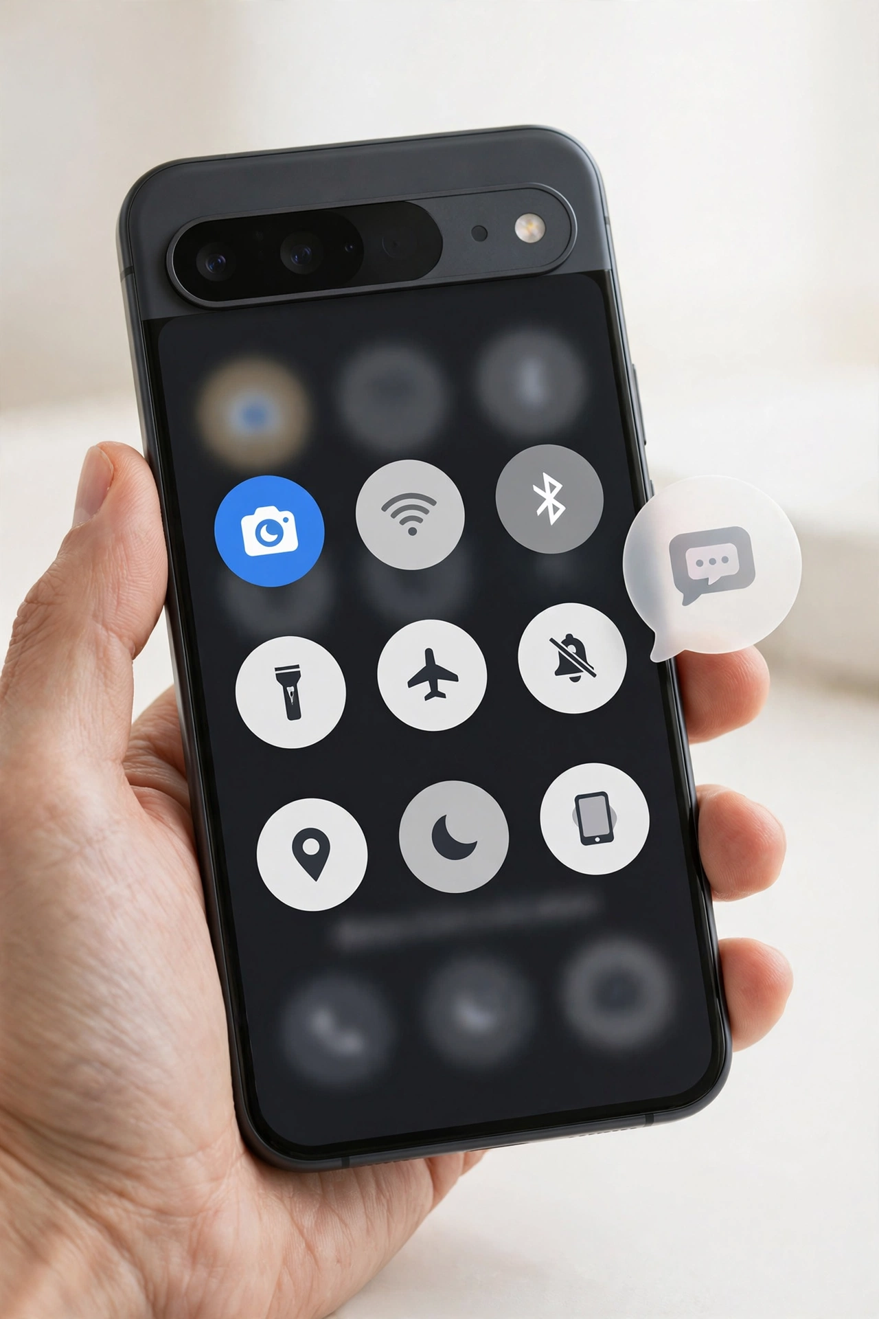 Hand holding a Pixel phone with Quick Settings tiles and a floating app bubble