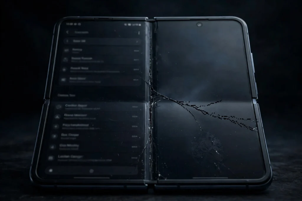 iPhone Duo inner folding screen with a crack running along the fold