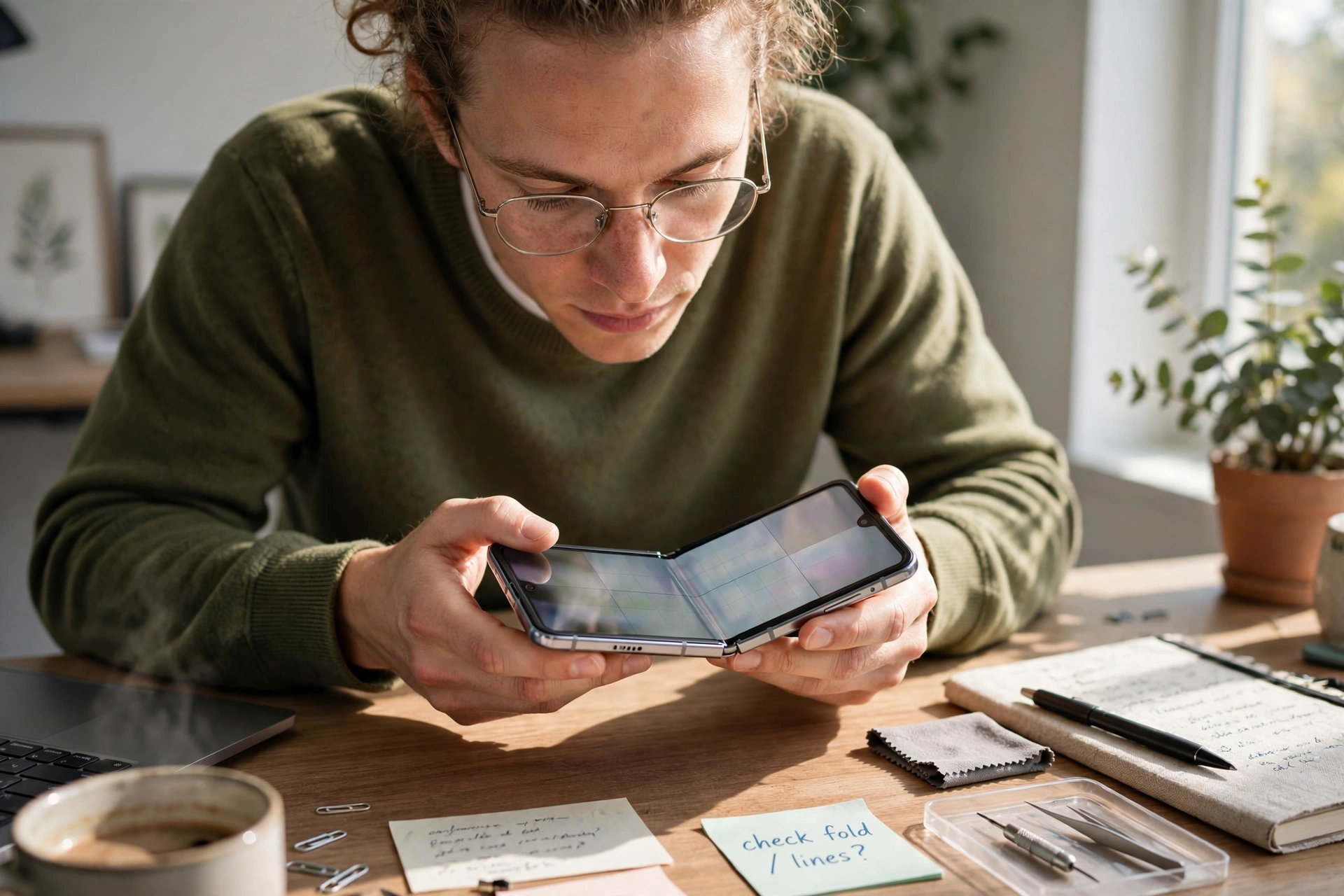 iPhone Duo owner closely inspecting the inner folding screen for cracks along the crease