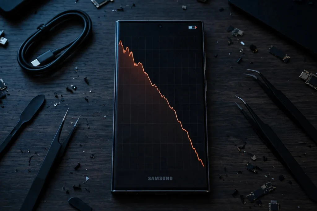 Samsung Galaxy phone showing battery usage graph dropping fast after One UI 9 update