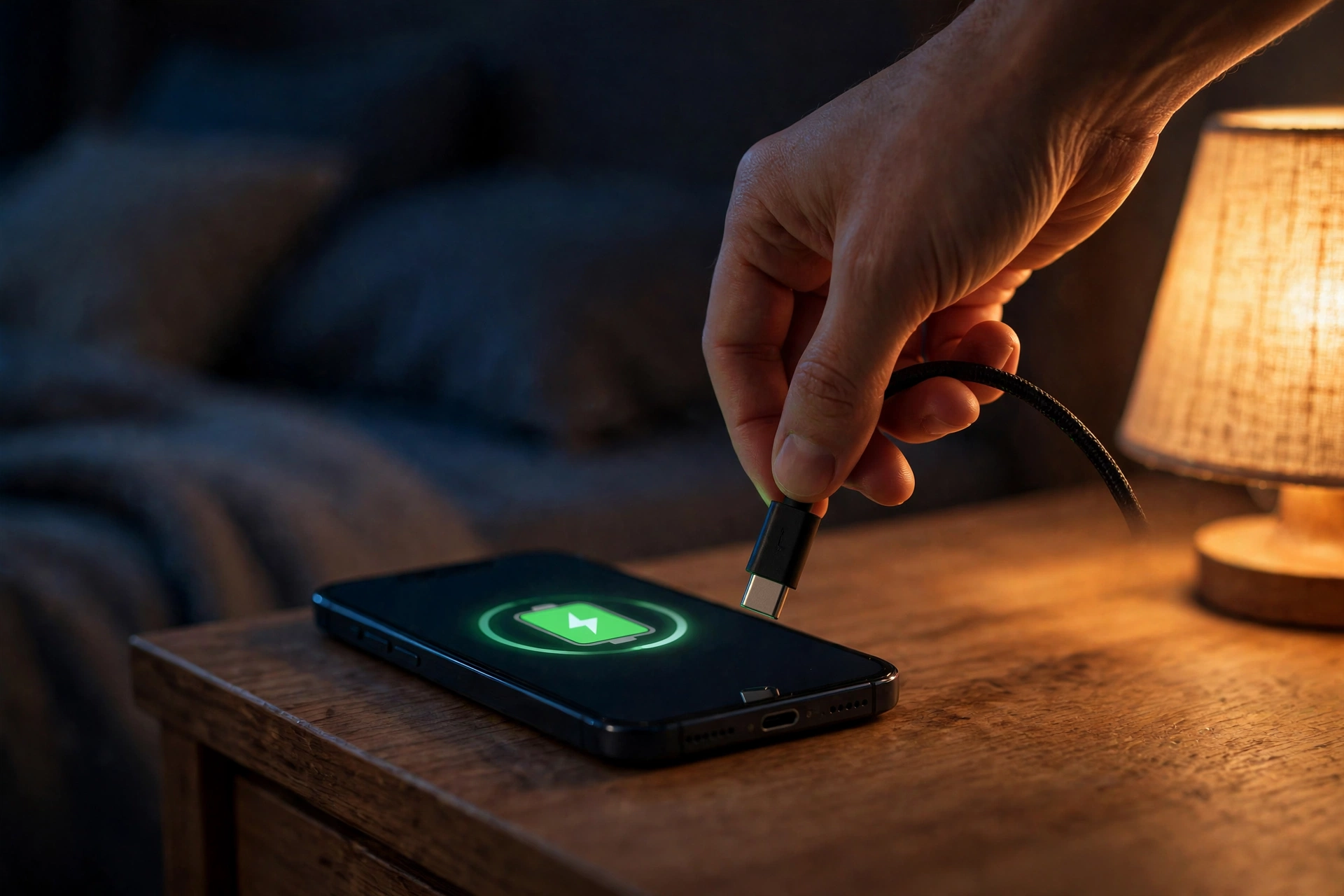 Charging a smartphone with a USB-C cable at night on a bedside table