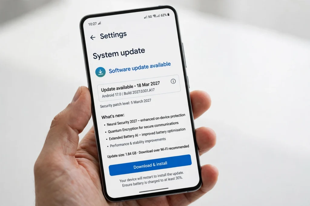 Android phone showing a Google Play system update dated January 2027