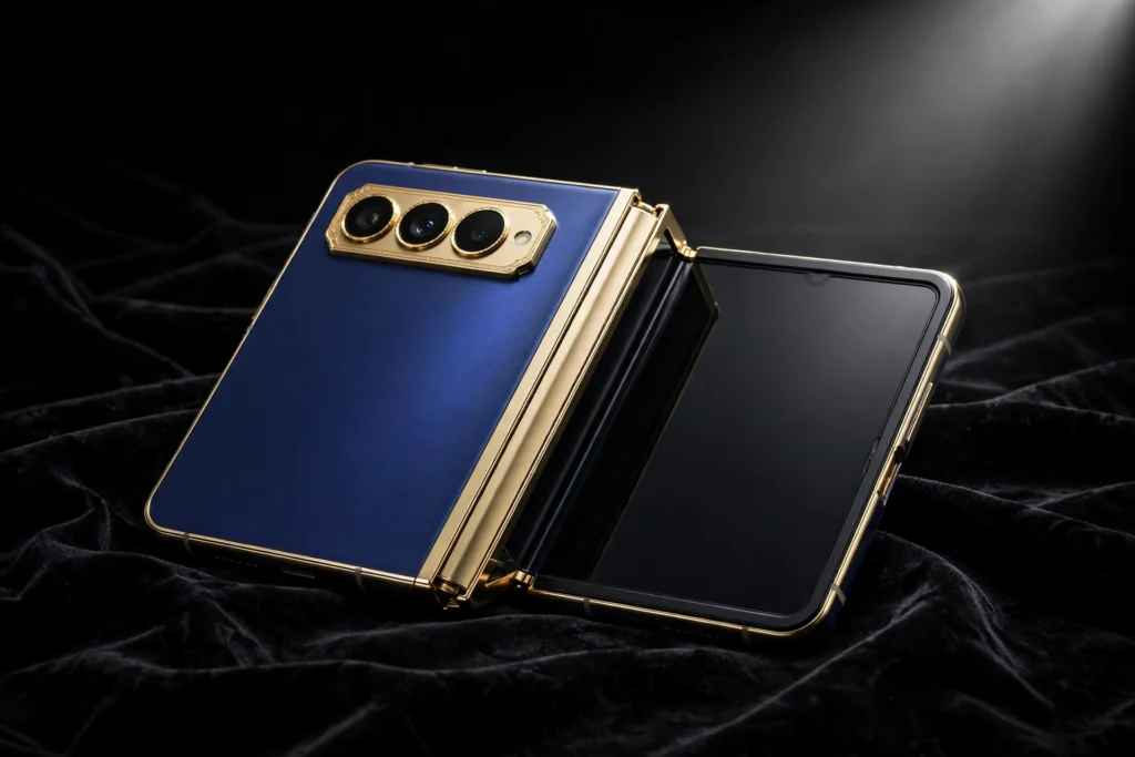 Samsung W27 Launches Today: A Gold-Trimmed Galaxy Z Fold 8 Ultra You (Probably) Can’t Buy Samsung W27 luxury foldable phone in dark blue with gold trim