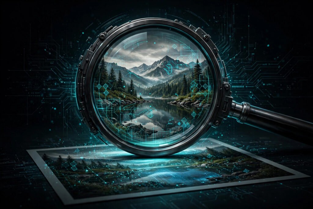 Magnifying glass revealing hidden AI watermark detection in a photograph