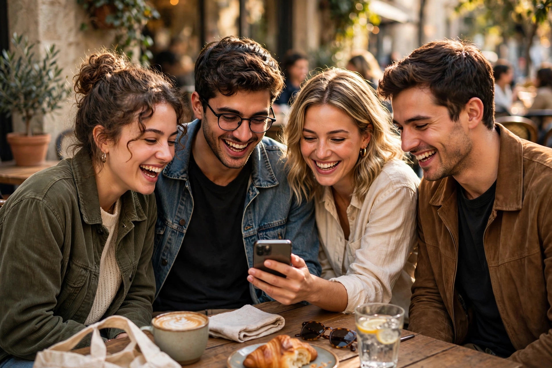 Friends laughing together while looking at a smartphone group chat