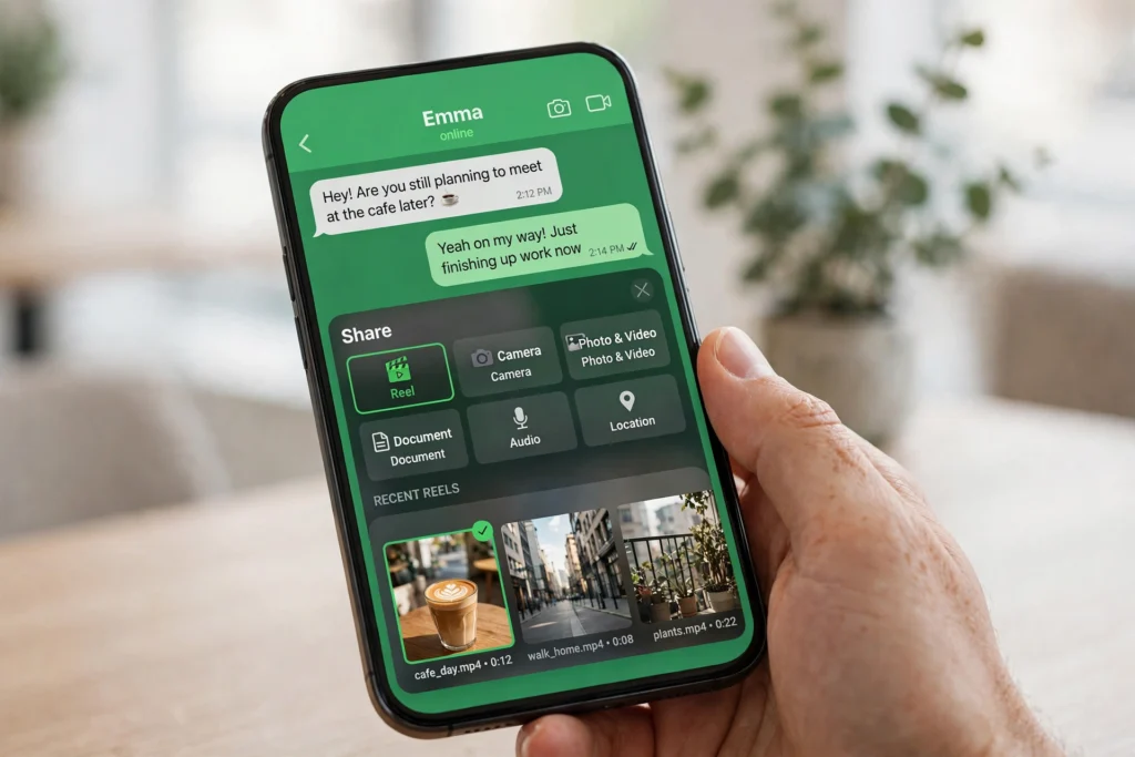 WhatsApp’s New Reels Shortcut Lets You Share Instagram Reels Without Leaving Your Chat WhatsApp chat share menu showing the new Reels shortcut for sharing Instagram Reels